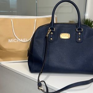 Navy Blue and Gold Michael Kors Large Saffiano Handbag